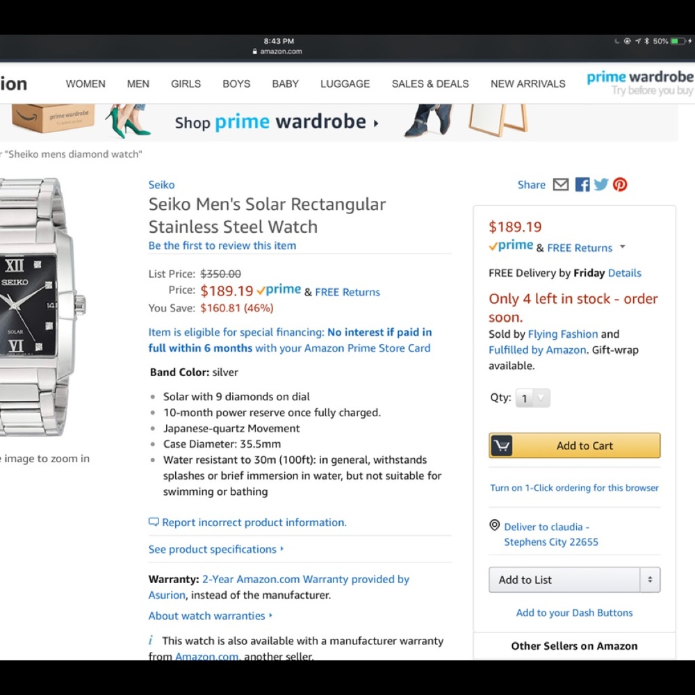 Seiko Solar rectangle stainles steel diamond watch